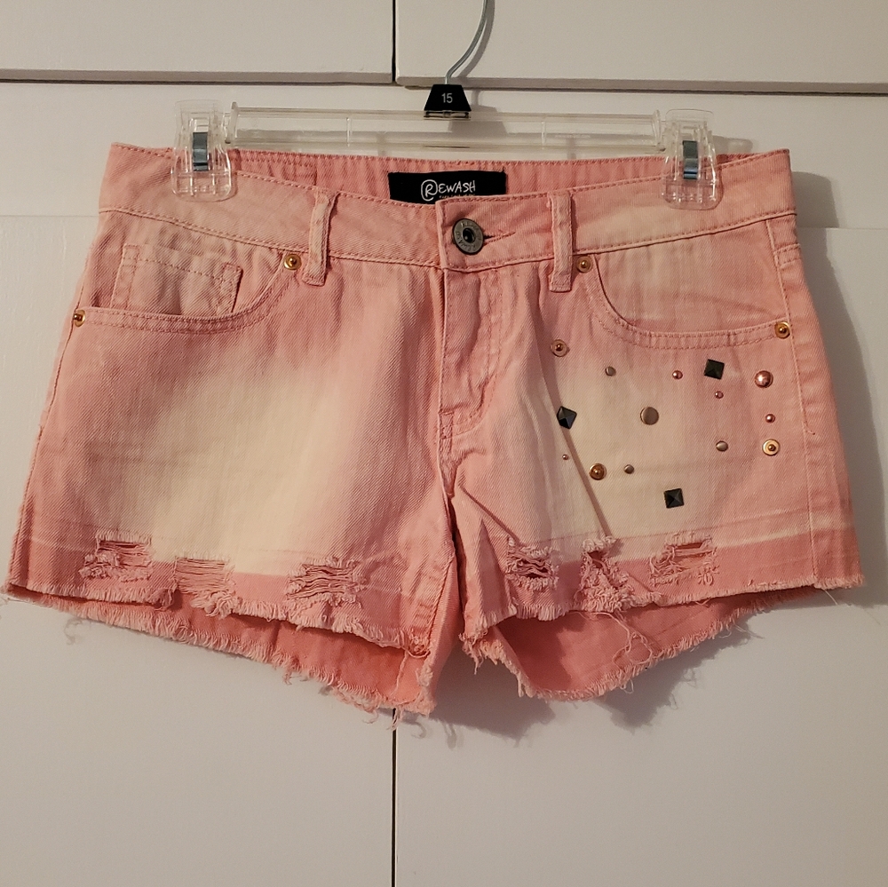Women's Rewash Pink Acid Wash Studded Denim Shorts